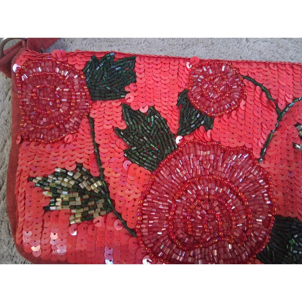 Vintage Cache Red Beaded Sequin Rose Floral Baguette Shoulder Bag Y2K Evening - Picture 5 of 14